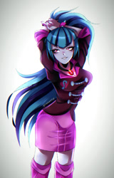 Size: 565x885 | Tagged: safe, artist:granatty, sonata dusk, human, equestria girls, g4, my little pony equestria girls: rainbow rocks, arm behind head, breasts, busty sonata dusk, cleavage, female, grin, smiling, solo