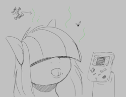 Size: 646x499 | Tagged: safe, artist:lockheart, oc, oc only, oc:dot matrix, earth pony, fly, insect, pony, bucktooth, bust, female, game boy, gray background, grayscale, hair over eyes, hoof hold, mare, monochrome, nintendo, simple background, sketch, solo, stink lines