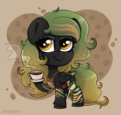 Size: 2100x2000 | Tagged: safe, artist:madelinne, oc, oc only, oc:greenviper, pegasus, pony, chibi, clothes, coffee, commission, curly hair, cute, dress, high res, solo, ych result