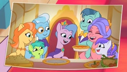 Size: 1920x1080 | Tagged: safe, screencap, cherry flyaway, queen haven, pegasus, pony, g5, making a meal of it, my little pony: tell your tale, spoiler:g5, spoiler:my little pony: tell your tale, spoiler:tyts01e35, bright canny (g5), child, colt, family, female, filly, foal, food, male, mare, monocle, not cookie crumbles, not sandbar, photo, pie, queen, stallion, the last supper, unnamed character, unnamed pony, younger