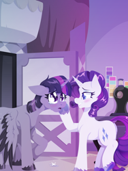 Size: 2400x3200 | Tagged: safe, artist:willoillo, rarity, twilight sparkle, alicorn, pony, unicorn, fanfic:colors of the soul, g4, crying, fanfic art, female, high res, lesbian, sewing machine, ship:rarilight, shipping, twilight sparkle (alicorn)