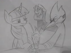 Size: 4096x3072 | Tagged: safe, artist:lytlethelemur, twilight sparkle, alicorn, bird, blue jay, pony, g4, candy, crossover, crossover shipping, drinking, female, food, holding hands, male, milkshake, mordecai, mordetwi, photo, regular show, shipping, sketch, straight, traditional art, twilight sparkle (alicorn)