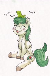 Size: 3155x4800 | Tagged: safe, artist:lightisanasshole, oc, unnamed oc, pegasus, pony, :p, blushing, colored hooves, hand, happy, high res, patting, pegasus oc, simple background, sitting, tail, tail wag, tongue out, traditional art, watercolor painting