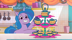 Size: 3072x1727 | Tagged: safe, screencap, izzy moonbow, pony, unicorn, g5, making a meal of it, my little pony: tell your tale, spoiler:g5, spoiler:my little pony: tell your tale, spoiler:tyts01e35, cup, female, grin, high res, kettle, mare, smiling, solo, tea set, teacup