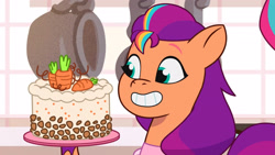 Size: 3072x1727 | Tagged: safe, screencap, sunny starscout, zipp storm, earth pony, pony, g5, making a meal of it, my little pony: tell your tale, spoiler:g5, spoiler:my little pony: tell your tale, spoiler:tyts01e35, cake, female, food, grin, high res, mane stripe sunny, mare, offscreen character, smiling, solo