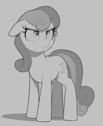 Size: 700x850 | Tagged: safe, artist:thebatfang, bon bon, sweetie drops, earth pony, pony, g4, adorabon, bon bon is not amused, cute, ears back, female, floppy ears, frown, glare, gray background, grayscale, mare, monochrome, ponerpics import, simple background, solo, standing, unamused