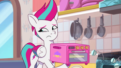 Size: 3300x1851 | Tagged: safe, screencap, zipp storm, pegasus, pony, g5, making a meal of it, my little pony: tell your tale, spoiler:g5, spoiler:my little pony: tell your tale, spoiler:tyts01e35, easybake oven, embarrassed, female, mare, oven, solo