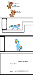 Size: 326x756 | Tagged: safe, button mash, rainbow dash, earth pony, pegasus, pony, g4, comic, engrish, games, simple background, text, wat, white background