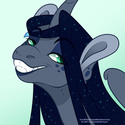 Size: 900x900 | Tagged: safe, artist:eve-of-halloween, oc, oc:nightfall, alicorn, pony, hallowverse, alicorn oc, bust, canon x oc, cocky, curved horn, ethereal mane, facial markings, galaxy mane, gray coat, green eyes, hairpin, horn, lidded eyes, long mane, long mane male, looking at you, male, nexgen, next generation, offspring, parent:oc:intemp, parent:princess luna, parents:canon x oc, prince, sharp teeth, simple background, smiling, smiling at you, spots, stallion, teeth, toothy grin, tulmbr:askmotherlyluna, tumblr, wings