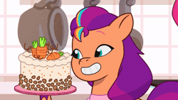Size: 800x450 | Tagged: safe, screencap, sunny starscout, zipp storm, earth pony, pegasus, pony, g5, making a meal of it, my little pony: tell your tale, spoiler:g5, spoiler:my little pony: tell your tale, spoiler:tyts01e35, animated, annoyed, apron, cake, carrot cake (food), clothes, colored wings, concave belly, crystal brighthouse, dessert, duo, female, food, gif, grumpy, hoof hold, indoors, kitchen, mane stripe sunny, mare, multicolored wings, oven, slender, smiling, spoon, stove, thin, unamused, wings, wooden spoon, zipp storm is not amused