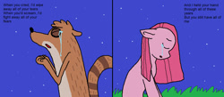 Size: 1480x644 | Tagged: safe, artist:artistically-gay, pinkie pie, earth pony, pony, raccoon, g4, crossover, crossover shipping, female, male, pinkamena diane pie, regular show, rigby (regular show), rigbypie, shipping, straight, text