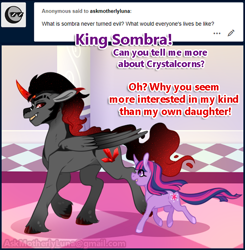 Size: 600x611 | Tagged: safe, artist:eve-of-halloween, king sombra, twilight sparkle, alicorn, pony, unicorn, tumblr:askmotherlyluna, g4, alicorn sombra, alicornified, ask, body markings, colored wings, curved horn, ear fluff, ethereal hair, ethereal mane, ethereal tail, fangs, female, filly, foal, gradient hooves, gradient mane, gradient tail, gradient wings, hooves, horn, long mane, long tail, male, palace, race swap, red eyes, sharp teeth, sideburns, sombra's cutie mark, sombracorn, stallion, tail, teeth, trotting, tumblr, unicorn twilight, unshorn fetlocks, wings, young