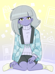 Size: 1668x2224 | Tagged: safe, artist:batipin, limestone pie, human, equestria girls, g4, clothes, compression shorts, cute, equestria girls-ified, female, jacket, kneeling, limabetes, looking at you, missing shoes, shorts, socks, solo, stocking feet, sweater
