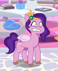 Size: 368x450 | Tagged: safe, screencap, pipp petals, sunny starscout, earth pony, pegasus, pony, g5, making a meal of it, my little pony: tell your tale, spoiler:g5, spoiler:my little pony: tell your tale, spoiler:tyts01e35, animated, bag, cartoon physics, coward, cropped, drama queen pipp, female, gif, hammerspace, headband, hyperventilating, mane stripe sunny, mare, panicking, paper bag, pinpoint eyes, stressed, twilighting
