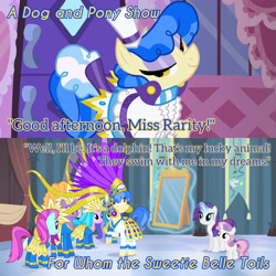 Size: 3072x3072 | Tagged: safe, edit, edited screencap, editor:itsmgh1203, screencap, blue cutie, foxxy trot, icy passion, rarity, sapphire shores, signature moves, sweetie belle, earth pony, pony, unicorn, a dog and pony show, for whom the sweetie belle toils, g4, season 1, season 4, carousel boutique, female, filly, foal, high res, magic, mare, mirror, smiling, telekinesis, text