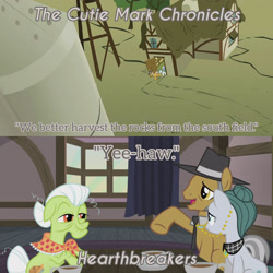 Size: 3072x3072 | Tagged: safe, edit, edited screencap, editor:itsmgh1203, screencap, cloudy quartz, granny smith, igneous rock pie, limestone pie, earth pony, pony, g4, hearthbreakers, season 1, season 5, the cutie mark chronicles, female, filly, foal, hat, high res, male, mare, open mouth, open smile, smiling, stallion, text