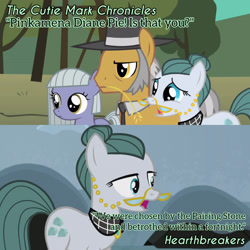 Size: 3072x3072 | Tagged: safe, edit, edited screencap, editor:itsmgh1203, screencap, cloudy quartz, igneous rock pie, limestone pie, earth pony, pony, g4, hearthbreakers, season 1, season 5, the cutie mark chronicles, female, filly, foal, hat, high res, male, mare, open mouth, stallion, text, trio