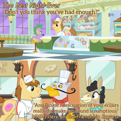 Size: 3072x3072 | Tagged: safe, edit, edited screencap, editor:itsmgh1203, screencap, donut joe, gustave le grande, mulia mild, spike, donkey, dragon, griffon, pony, unicorn, g4, mmmystery on the friendship express, season 1, season 2, the best night ever, chef's hat, donut, female, food, hat, high res, male, open mouth, smiling, stallion, text, train