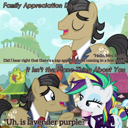 Size: 3072x3072 | Tagged: safe, edit, edited screencap, editor:itsmgh1203, screencap, filthy rich, rarity, earth pony, pony, unicorn, family appreciation day, g4, it isn't the mane thing about you, season 2, season 7, alternate hairstyle, duo, duo focus, duo male and female, eyes closed, female, high res, male, mare, open mouth, open smile, punk, raripunk, smiling, stallion, text