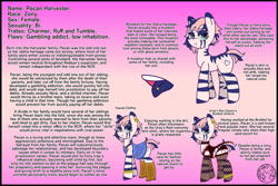 Size: 1095x730 | Tagged: safe, artist:dice-warwick, oc, oc:pecan harvester, hybrid, zony, fallout equestria, black panties, boots, clothes, dark color tongue, ear piercing, eyebrow piercing, fishnet stockings, overalls, piercing, pink panties, prostitution, reference sheet, shoes, solo, stripes, tongue out, tongue piercing, underwear