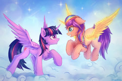 Size: 3000x2000 | Tagged: safe, artist:adagiostring, sunny starscout, twilight sparkle, alicorn, pony, g4, g5, alicornified, artificial horn, artificial wings, augmented, chest fluff, cloud, couple, crossover, cute, duo, duo female, female, grin, high res, horn, looking at each other, looking at someone, magic, magic horn, magic wings, mare, meeting, open mouth, race swap, smiling, stars, sunny and her heroine, sunnycorn, twilight sparkle (alicorn), wings, ych example, your character here