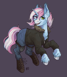 Size: 1946x2235 | Tagged: safe, artist:karamboll, oc, pony, unicorn, boots, braces, chest fluff, clothes, commission, denim, heterochromia, hooves, jacket, jeans, pants, shoes, smiling, solo