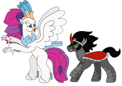 Size: 3264x2313 | Tagged: safe, artist:supahdonarudo, king sombra, queen novo, classical hippogriff, hippogriff, pony, unicorn, series:novoember, the crystal empire 10th anniversary, g4, my little pony: the movie, angry, cape, charge, clothes, female, high res, male, rearing, simple background, stallion, transparent background
