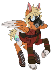 Size: 723x975 | Tagged: safe, artist:cackling-beast, derpibooru exclusive, oc, pegasus, fallout equestria, bag, blonde mane, boots, clothes, colored wings, gas mask, goggles, jacket, mask, orange coat, scar, shoes, short mane, simple background, solo, spread wings, transparent background, two toned coat, two toned wings, unshorn fetlocks, watermark, wings