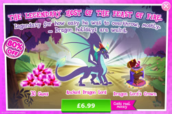 Size: 1962x1297 | Tagged: safe, gameloft, gaius, dragon, g4, my little pony: magic princess, advertisement, costs real money, crown, dragon lord, english, gem, horns, introduction card, jewelry, large wings, male, numbers, regalia, sale, solo, spread wings, text, trap, tree, wings