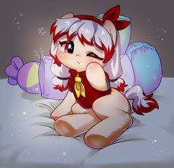 Size: 1024x988 | Tagged: safe, artist:fantasysong, oc, oc only, oc:cunben_mapleleaf, earth pony, pony, bed, bow, clothes, cute, earth pony oc, female, filly, foal, hair bow, morning ponies, neckerchief, ocbetes, one eye closed, one eye open, pillow, shirt, sleepy, solo