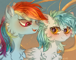 Size: 1300x1028 | Tagged: safe, artist:kefirro7, rainbow dash, oc, oc:siriusnavigator, pegasus, pony, g4, blushing, canon x oc, cheek fluff, chest fluff, ear fluff, solo