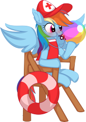 Size: 6088x8669 | Tagged: safe, artist:cyanlightning, rainbow dash, pegasus, pony, g4, absurd resolution, baseball cap, baywatch, beach ball, blowing whistle, blushing, cap, chair, clothes, commission, cute, dashabetes, ear fluff, eyes open, female, floaty, hat, inner tube, lifeguard, lifeguard dash, mare, mouth hold, puffy cheeks, rainblow dash, rainbow dashs coaching whistle, red cross, red face, shirt, simple background, sitting, solo, spread wings, swimming pool, swimsuit, that pony sure does love whistles, transparent background, whistle, whistle necklace, whistling, wings