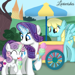 Size: 1000x1000 | Tagged: safe, artist:mlplary6, rarity, sassaflash, sweetie belle, pegasus, pony, unicorn, g4, belle sisters, cart, female, filly, foal, food, ice cream, levitation, magic, mare, siblings, sisters, smiling, spread wings, telekinesis, wings