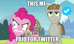 Size: 843x500 | Tagged: safe, edit, edited screencap, editor:icicle-niceicle-1517, screencap, mudbriar, pinkie pie, earth pony, pony, g4, the maud couple, angry, blue checkmark, caption, discovery family, discovery family logo, duo, female, gritted teeth, image macro, imgflip, logo, male, mare, meme, meta, pointing, ponified meme, raised hoof, stallion, teeth, text, twitter, verified