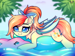 Size: 3000x2250 | Tagged: safe, artist:stormcloud, oc, oc only, oc:sunshine drift, bat pony, dolphin, pony, bat pony oc, bat wings, blue eyes, bow, chest fluff, commission, female, folded wings, full body, hair bow, inner tube, mare, ponytail, smiling, swimming, water, wingding eyes, wings, ych result