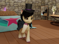 Size: 1440x1080 | Tagged: safe, artist:littleiceage, oc, earth pony, pony, g5, 3d, bed, cloak, clothes, g5 oc, hat, mirror, monocle, show accurate, solo, top hat