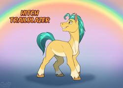 Size: 1400x1006 | Tagged: safe, artist:sunny way, hitch trailblazer, earth pony, pony, g5, cute, male, nudity, rainbow, sheath, smiling, solo, stallion