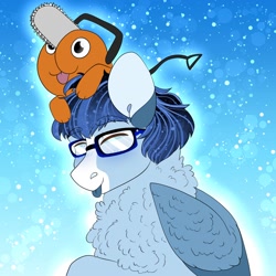 Size: 2000x2000 | Tagged: safe, artist:inisealga, oc, oc:soaring spirit, pegasus, pony, :p, abstract background, accessory, anime, chainsaw, chainsaw man, chest fluff, coat markings, colored wings, duo, ear fluff, facial markings, glasses, gradient background, high res, male, markings, multicolored hair, multicolored mane, multicolored wings, neck fluff, pegasus oc, pochita, stallion, tongue out, wing fluff, wings