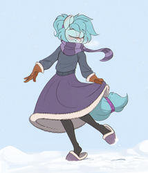 Size: 1640x1920 | Tagged: safe, artist:rexyseven, oc, oc only, oc:whispy slippers, anthro, clothes, dress, eyes closed, glasses, gloves, scarf, skirt, slippers, snow, solo, striped scarf, sweater, tights