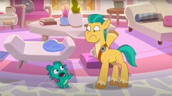 Size: 1680x934 | Tagged: safe, screencap, hitch trailblazer, sparky sparkeroni, dragon, earth pony, pony, g5, making a meal of it, my little pony: tell your tale, spoiler:g5, spoiler:my little pony: tell your tale, spoiler:tyts01e35, baby, baby dragon, duo, hitch trailblazer is not amused, male, open mouth, out of context, stallion, unamused