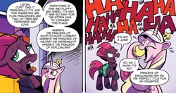 Size: 1334x705 | Tagged: source needed, useless source url, safe, artist:andy price, idw, official comic, princess cadance, tempest shadow, alicorn, pony, unicorn, g4, spoiler:comic, spoiler:comic67, armor, broken horn, cadance laughs at your misery, comic, cropped, dialogue, disgusted, duo, eye scar, facial scar, female, hoof shoes, horn, implied flurry heart, laughing, mare, meme, pretty pretty tempest, raised hoof, scar, speech bubble, tempest's tale, tomboy, tongue out, villain has a point