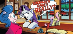 Size: 1334x617 | Tagged: safe, artist:andy price, idw, fluttershy, rarity, earth pony, pegasus, pony, unicorn, g4, spoiler:comic, spoiler:comic64, angry, bell, butt, car, crime against fashion, dialogue, duo focus, faic, female, inkwell, mare, plot, quill, rarity is not amused, speech bubble, unamused, unnamed character, unnamed pony, yelling
