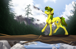 Size: 1044x671 | Tagged: safe, artist:lunciakkk, oc, oc only, oc:macter, pony, unicorn, butt fluff, cloud, commission, ear fluff, forest, glasses, mountain, river, slender, solo, thin, tree, unshorn fetlocks, water, wood