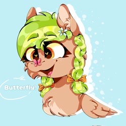 Size: 2048x2048 | Tagged: artist needed, safe, oc, oc only, oc:sylvia evergreen, butterfly, pegasus, pony, braid, braided pigtails, bust, butterfly on nose, chest fluff, ear fluff, flower, flower in hair, freckles, hair tie, high res, insect on nose, open mouth, pegasus oc, pigtails, solo, text, wings