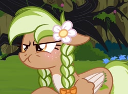 Size: 1460x1080 | Tagged: safe, artist:cstrawberrymilk, oc, oc only, oc:sylvia evergreen, pegasus, pony, blushing, braid, braided pigtails, female, flower, flower in hair, forest background, freckles, grumpy, hair tie, mare, pegasus oc, pigtails, puffy cheeks, solo, wings