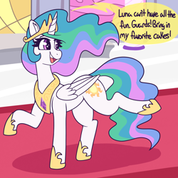 Size: 4000x4000 | Tagged: safe, artist:graphenescloset, princess celestia, alicorn, pony, series:tons of sun, g4, absurd resolution, dialogue, incentive drive, looking back, open mouth, open smile, slender, smiling, solo, speech bubble, standing on two hooves, thin, this will end in weight gain, weight gain sequence