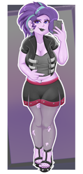 Size: 1800x3780 | Tagged: safe, alternate version, artist:lazier_boi, artist:mrcakesboi, starlight glimmer, human, equestria girls, g4, belly button, belly piercing, black lipstick, breasts, cellphone, chubby, cleavage, clothes, devil horn (gesture), ear piercing, earring, edgelight glimmer, eyeshadow, feet, female, goth, high heels, jacket, jewelry, leather, leather jacket, lipstick, makeup, midriff, nail polish, open-toed shoes, overweight, phone, piercing, ripped stockings, selfie, shoes, shorts, skull, smartphone, solo, stockings, thigh highs, toenail polish, toes, torn clothes