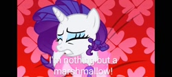 Size: 1600x720 | Tagged: safe, edit, edited screencap, screencap, rarity, pony, unicorn, g4, suited for success, cute, drama queen, female, food, mare, marshmallow, marshmelodrama, raribetes, rarity being rarity, rarity is a marshmallow, sad, sadorable, solo, text, text edit