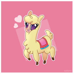 Size: 900x901 | Tagged: safe, artist:zailartx, paprika (tfh), alpaca, them's fightin' herds, big eyes, cloven hooves, community related, cute, female, heart, open mouth, open smile, paprikadorable, pink background, raised hoof, simple background, smiling, solo