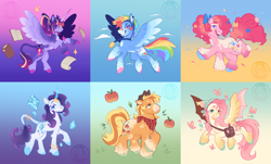 Size: 3210x1940 | Tagged: safe, artist:plushparades, applejack, fluttershy, pinkie pie, rainbow dash, rarity, twilight sparkle, alicorn, bat pony, butterfly, classical unicorn, earth pony, pegasus, pony, unicorn, g4, apple, bag, bandana, book, bracelet, cloven hooves, colored hooves, cowboy hat, curved horn, flying, food, gradient background, hat, heart, horn, horn jewelry, jewelry, leonine tail, looking at you, mane six, medal, redesign, scroll, shoulder bag, tail, tail jewelry, twilight sparkle (alicorn), unshorn fetlocks